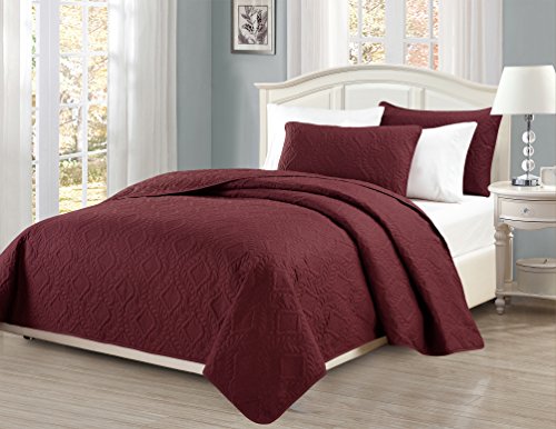 MK Home Oversized King Bedspread Set - 3-Piece Burgundy Diamond Bed Cover