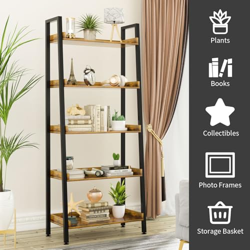 5-Tier Industrial Ladder Shelf - 67 Inch Tall Wooden Open Bookcase