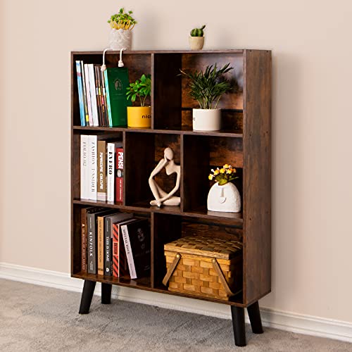 3-Tier Mid-Century Modern Cube Bookshelf with Legs, Brown Storage Shelf