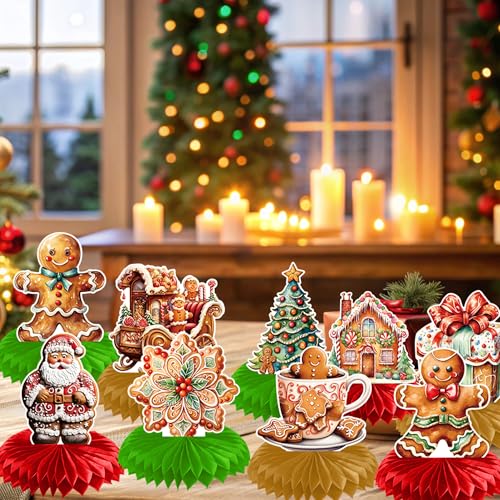 Christmas Gingerbread Honeycomb Centerpieces - 9 Pack Holiday Party Decorations