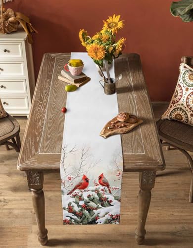Winter Christmas Cardinal Table Runner 13x36 Red Berry Pine Leaves – 100% Polyester
