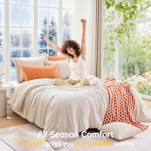 Beige Queen Comforter Set 3-Piece All-Season Down Alternative Bedding