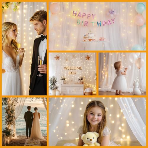 HOLITS White 10x10ft Tulle Backdrop with 300 LED Fairy Lights, USB, 2 Panels for Wedding & Party