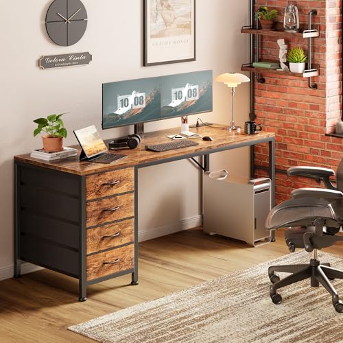 55-Inch Computer Desk with Built-In Power Outlets & 4 Drawers - Rustic Brown