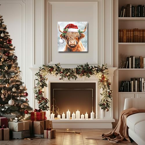 SWQYLB Christmas Highland Cow Canvas Wall Art 24x24 White Framed Farmhouse Decor
