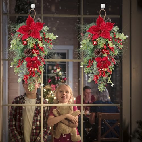 2 Pcs Christmas Teardrop Swag with Poinsettia, 26in - Large Red Poinsettia