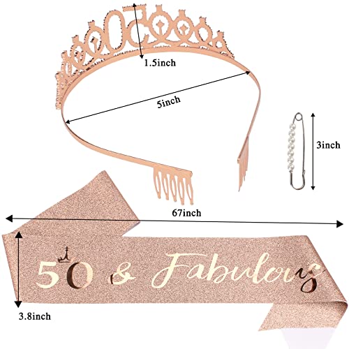 50th Birthday Decorations for Women - Rose Gold Sash and Rhinestone Crown Kit