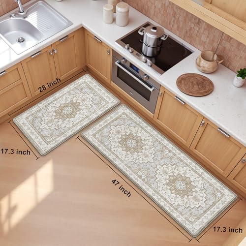 2-Piece Boho Anti-Fatigue Kitchen Mat Set, Waterproof Cushioned Floor Rugs