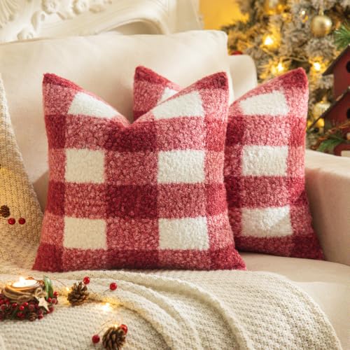 AQOTHES Red White Plaid Christmas Throw Pillow Covers 24x24 Inch Set of 2