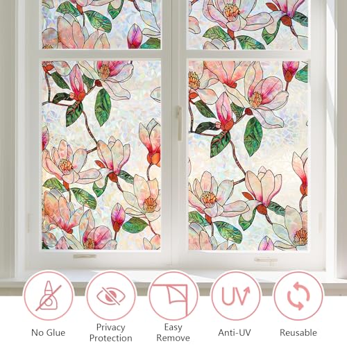 Stained Glass Window Privacy Film - Floral Design, 17.5" x 78.7"