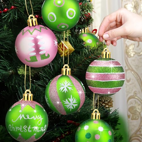 Knitgrip 24 Pink Green Christmas Ball Ornaments - 2 Inch Plastic Tree Decor Set
