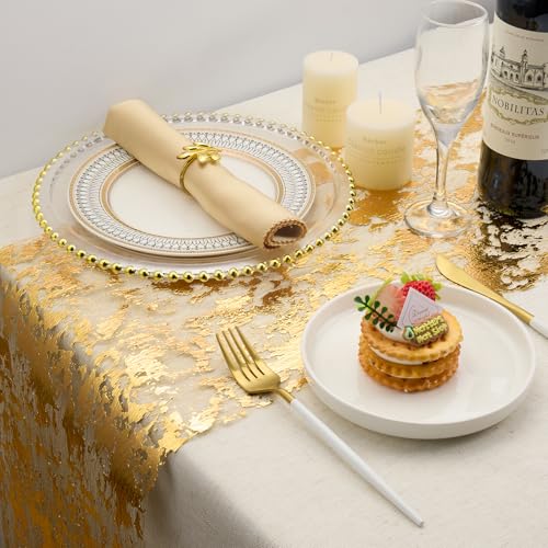 Gold Foil Table Runner 2 Pack, 11x106 Inch Glitter Metallic Mesh for Wedding Birthday Christmas - Mabbcoo