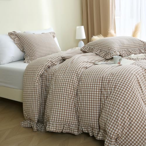 Taupe Plaid Gingham Ruffle Duvet Cover Set - 100% Washed Cotton Queen Size