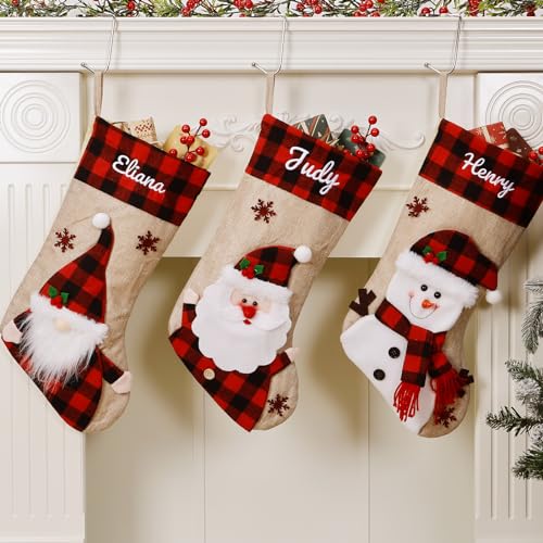 Personalized Christmas Stockings with Custom Name - 18.5" Burlap Plaid