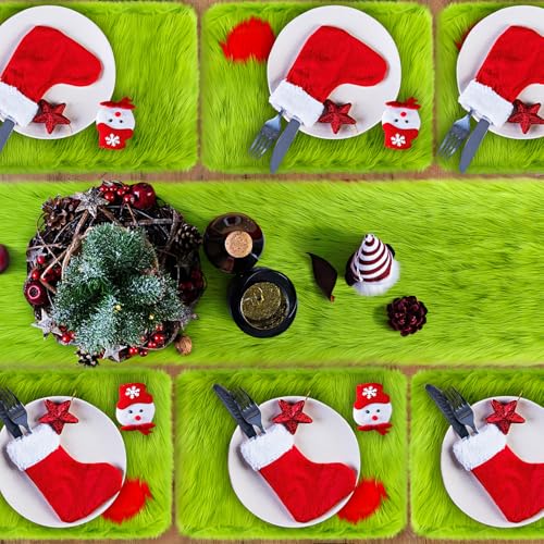 Christmas Lime Green Faux Fur Table Runner & Placemats Set - Holiday Decor