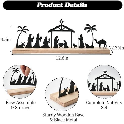 FESTGLOX Large Black Metal Nativity Scene Christmas Set with Wooden Base