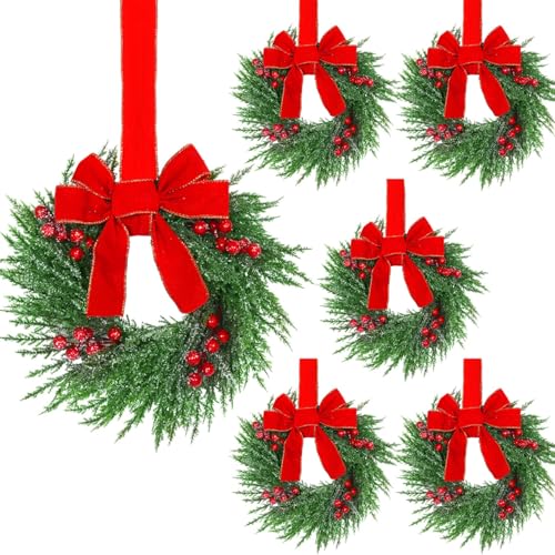 12-Inch Mini Christmas Wreaths for Cabinets with Red Bows, Set of 4