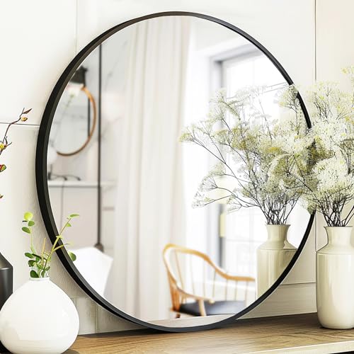 24-Inch Round Wall Mirror with Matte Black Metal Frame for Bathroom