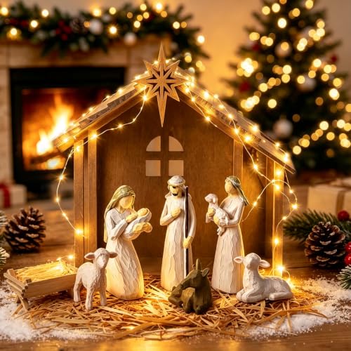 Fangoo 12'' Wooden Nativity Scene Stable with Roof Star & String Lights