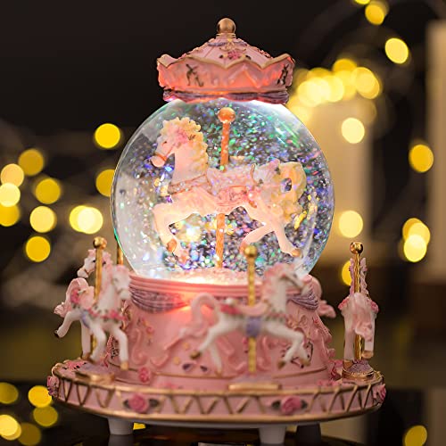 Carousel Music Box with LED Color Lights, Rotating Snow Globe Decor