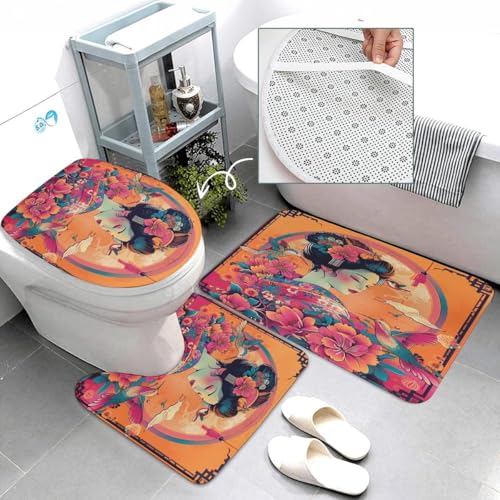 Japanese Geisha 4-Piece Bathroom Decor Set - Shower Curtain & Bath Rugs