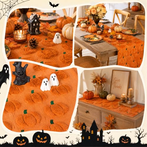 LuoluoHouse Fall Table Runner with 3D Faux Pumpkin Design, Caramel, 13x48 Inch