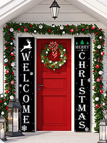 Boao Christmas Porch Banner - Welcome Snowflake Deer Tree Signs, 2 Pack