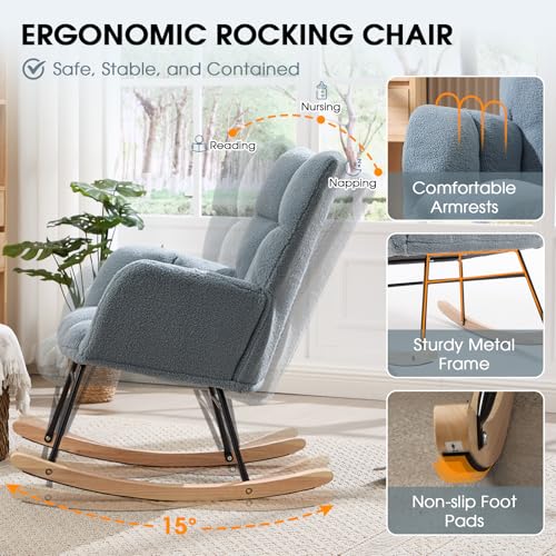Teddy Fleece Nursery Rocking Chair with Tufted Back and Solid Wood Frame