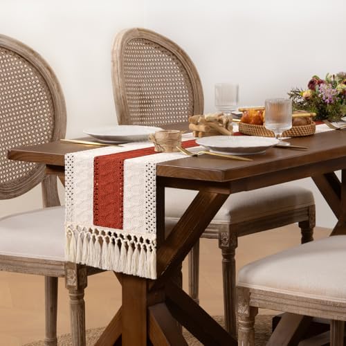 DeZerlor Boho Macrame Table Runner Terracotta Spring Easter Farmhouse Woven Table Runner with Tassels 90 Inches Ivory& Rust Cotton Linen Kitchen Table Decor for Dining Dresser Home Tea Table Decor