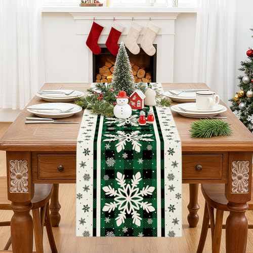 OTOSTAR Buffalo Plaid Snowflake Green Table Runner 13x48in – Christmas Kitchen Decor, Indoor Outdoor