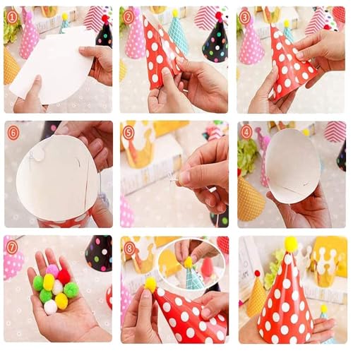 11PCS Birthday Party Cone Hats with Pom Poms - Kids & Adults