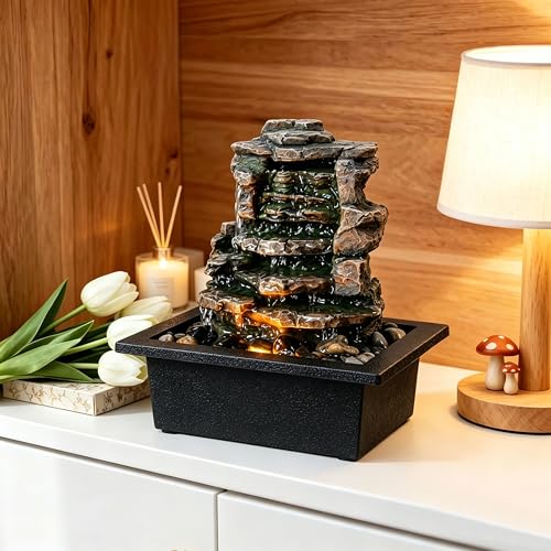 Indoor Tabletop Meditation Waterfall Fountain with LED Lights & River Rocks