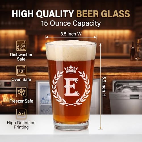 Personalized Letter E Beer Glass - 15oz Monogrammed Gift for Men