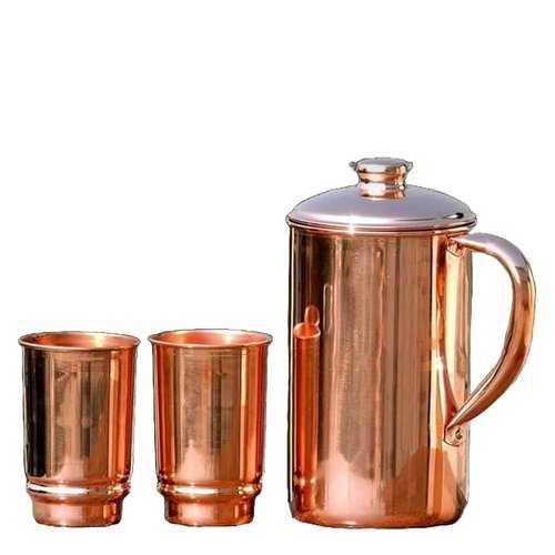 Copper Pitcher with Lid & 2 Tumbler Glasses - 1500ml/50 Oz Pure Copper Handmade Jug | Smooth Finish, Boost Hydration, Support Sugar Intake Control & Health Benefits