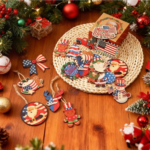 36PCS Patriotic Wooden Christmas Ornaments - Red White Blue Holiday Decor