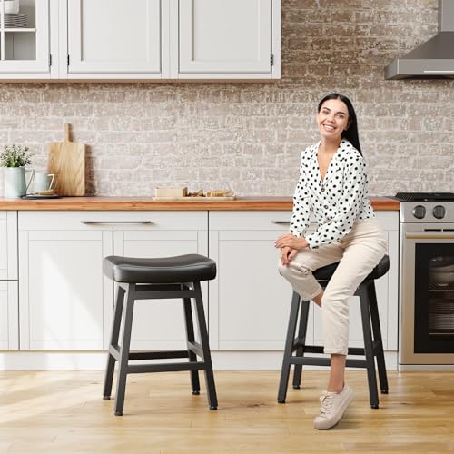 24-Inch Counter Height Bar Stools - Set of 2 Bonded Leather Saddle Stools