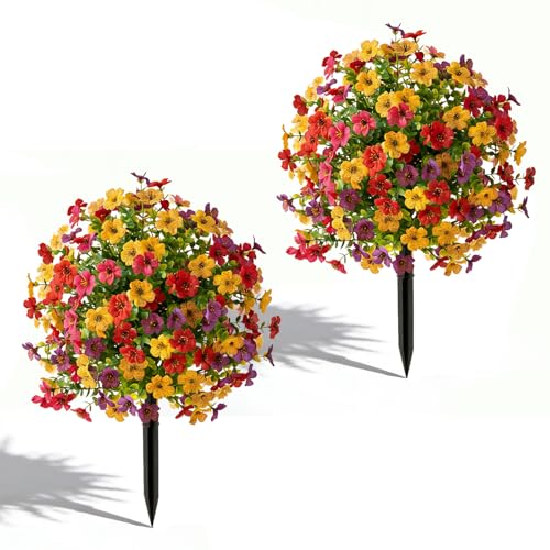 2-Pack Artificial Violet Topiary Trees, UV-Resistant Faux Garden Shrubs
