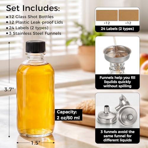 2 oz Clear Glass Boston Round Bottles with Leakproof Caps - 12 Pack