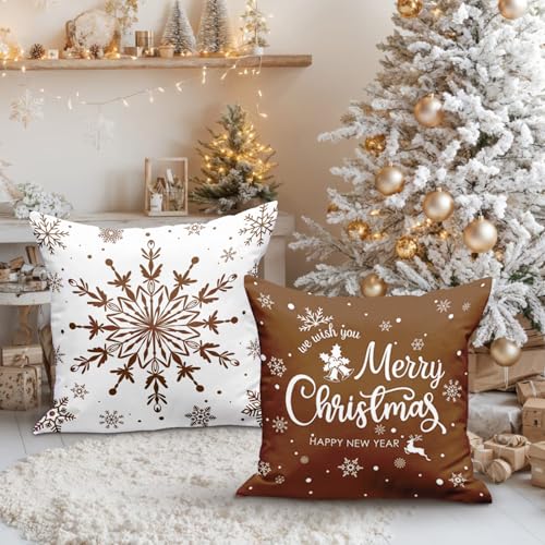 Lanpn 18x18 Christmas Throw Pillow Covers Set of 4, Brown Merry Xmas Snowflake Holiday Cushion Cases