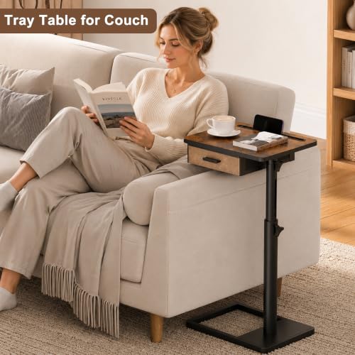 C-Shaped Height Adjustable Side Table with Drawer and Swivel Top