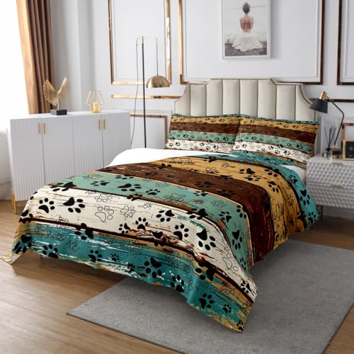 Queen Size Dog Paw Print Quilted Bedspread Set - Farmhouse Plank Coverlet