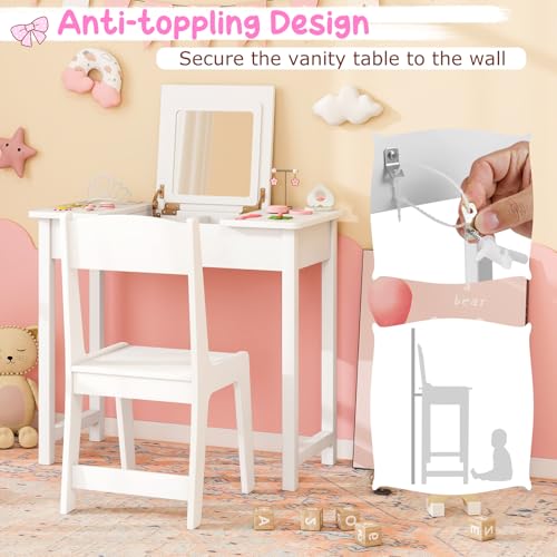 Kids 2-in-1 Vanity Set with Flip Top Mirror and Chair - Wooden Desk