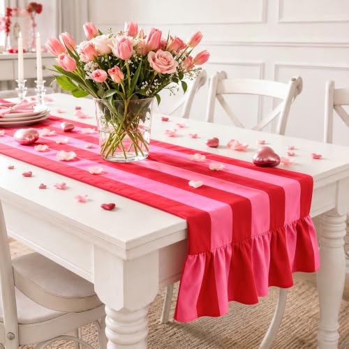 JarThenaAMCS Ruffled Table Runner Red Pink Stripes 13x118 Inch - Home Decor