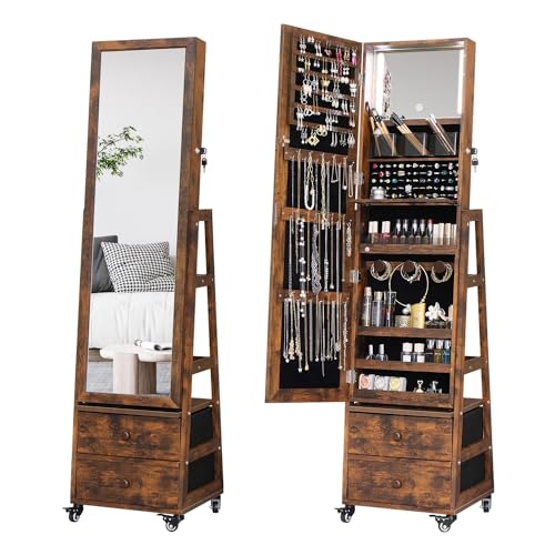 Rustic Brown 4-in-1 Rotating Jewelry Cabinet with Mirror & LED Lights