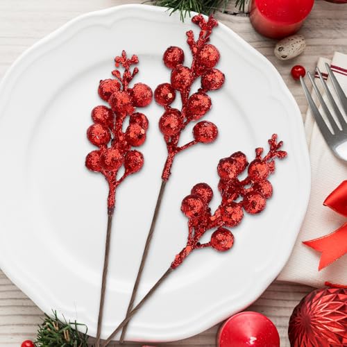 Jremreo 24 Pack 9 Inch Glitter Berry Stems – 15 Berries per Stem, Red Christmas Tree Ornaments & DIY Wreath