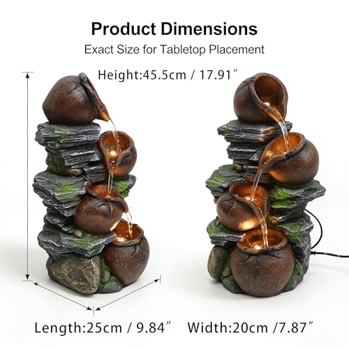 4-Tiered Tabletop Water Fountain with LED Lights, 17.9-Inch Resin Waterfall