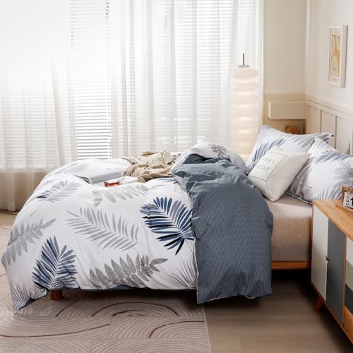 100% Cotton King Duvet Cover Set - 3-Piece Blue Leaf Bedding with Zipper & Ties