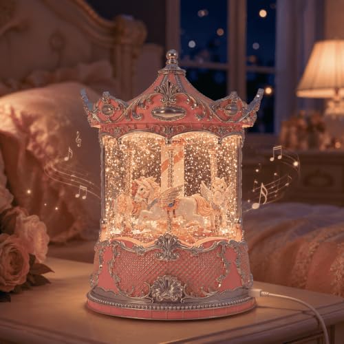 Pink Carousel Horse Snow Globe Music Box with Rotating Lights and Timer