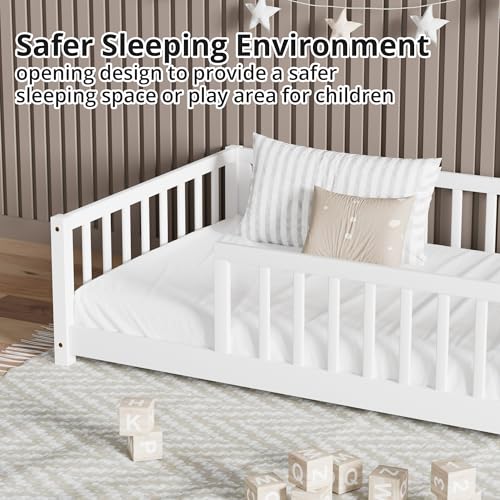 Twin Size Montessori Floor Bed with Safety Guardrails, Solid Wood Frame