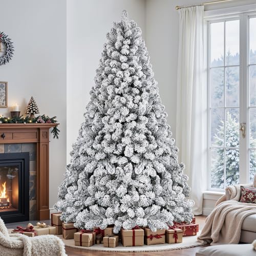 Snow Flocked Artificial Christmas Tree 7.5ft with Warm Lights & Hinged Branches - White
